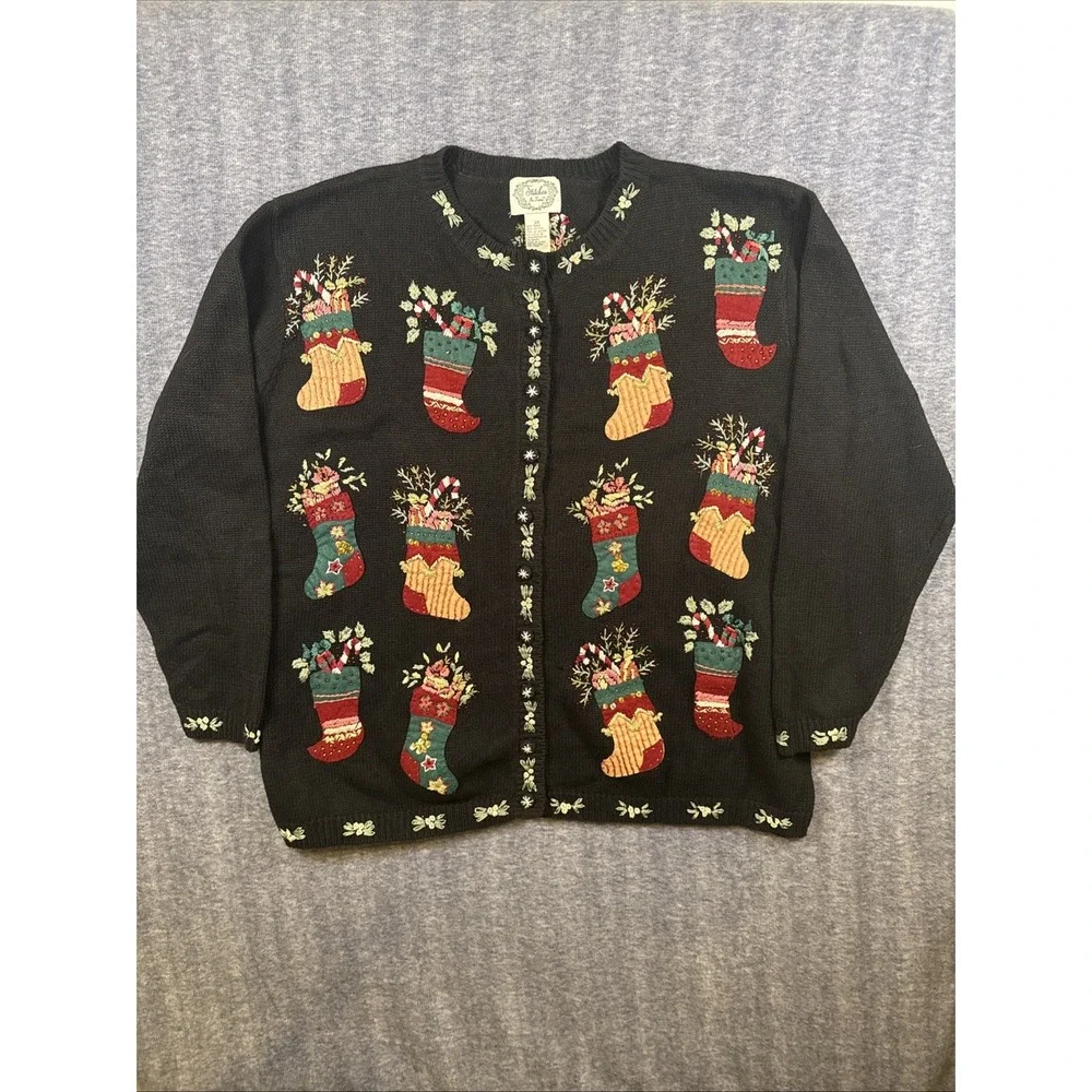 Vintage Stitches In Time Christmas Embroidered Cardigan Sweater Size‎ 2X Women